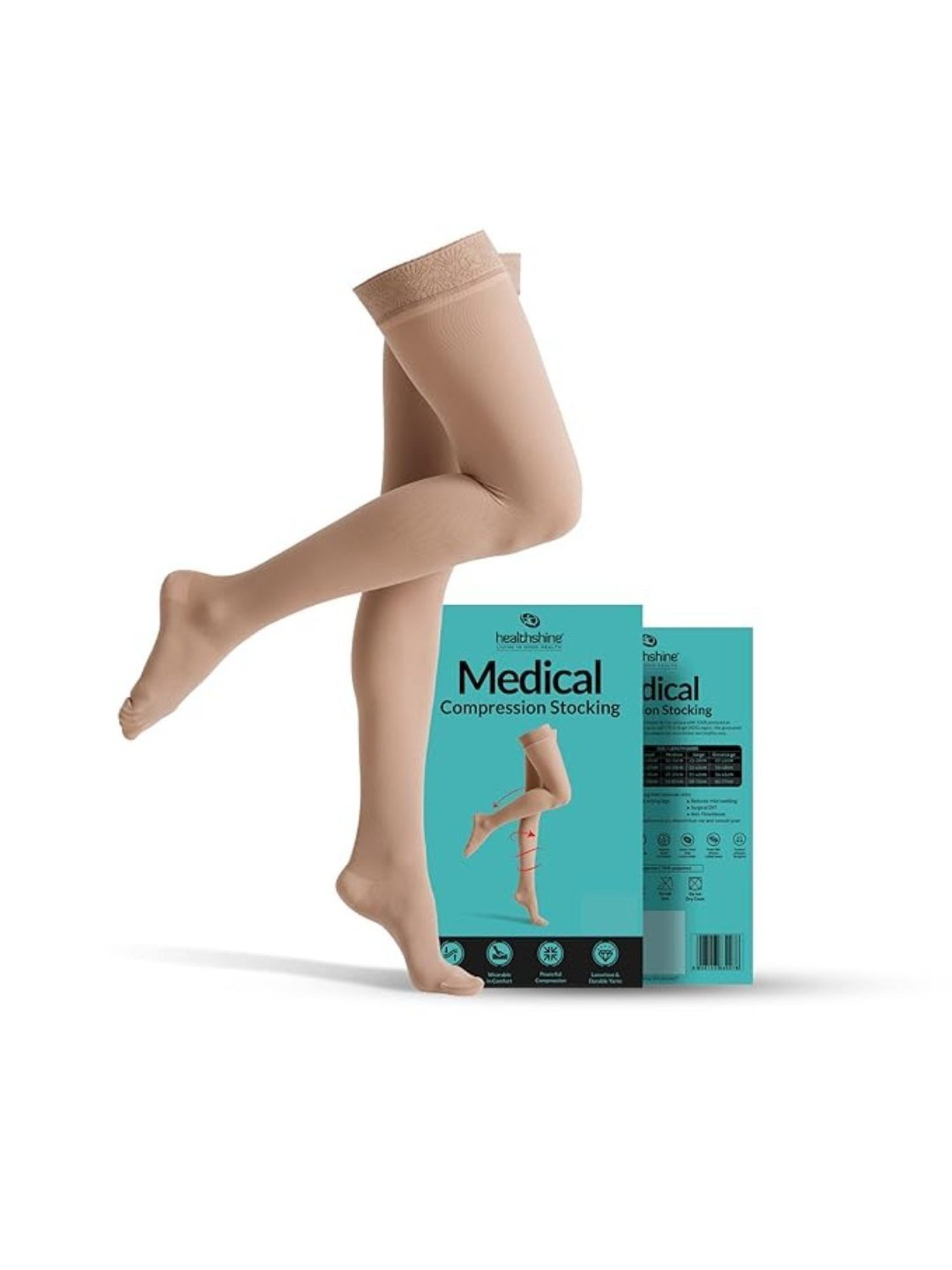 Healthshine Medical Compression Stockings Class II Thigh Length for Men and Women, Large (Beige)