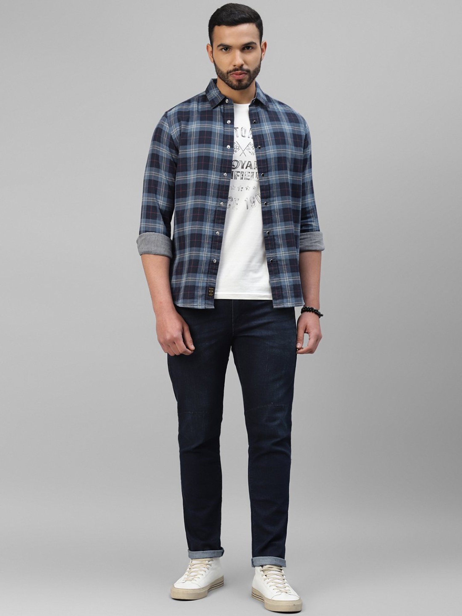 Royal Enfield Blue Slim Fit Check Reversible Shirt