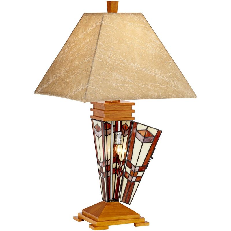 Robert Louis Tiffany Mission Table Lamp with Nightlight Tiffany Style Base Faux Leather Shade for Living Room Family Bedroom