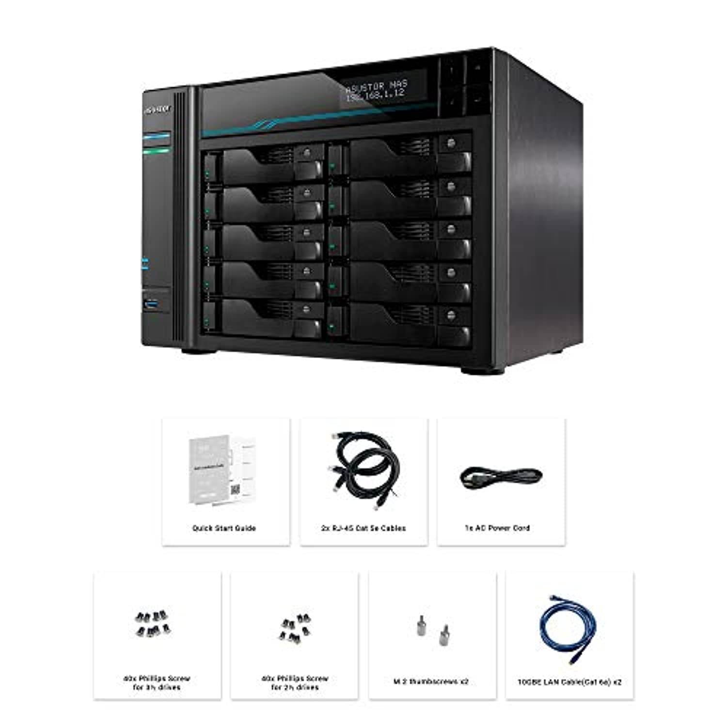 Asustor Lockerstor 10 | AS6510T | Enterprise Network Attached Storage | 2.1GHz Quad-Core, Two 10GbE Port, Two 2.5GbE Port, Two M.2 Slot for NVMe SSD Cache, 8GB RAM DDR4 (10 Bay Diskless NAS) (AS6510T)