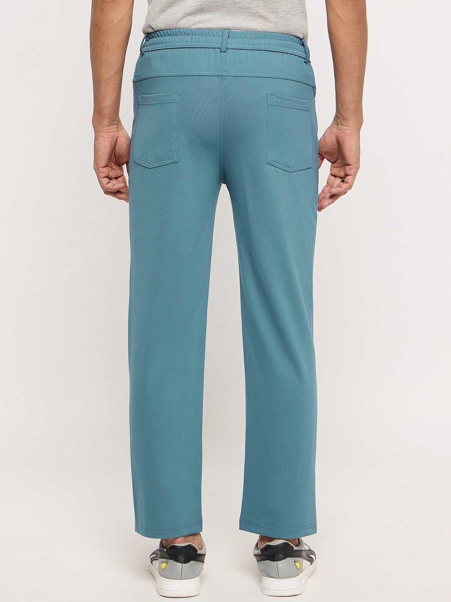 Okane Mid Blue Regular Fit Flat Front Trousers