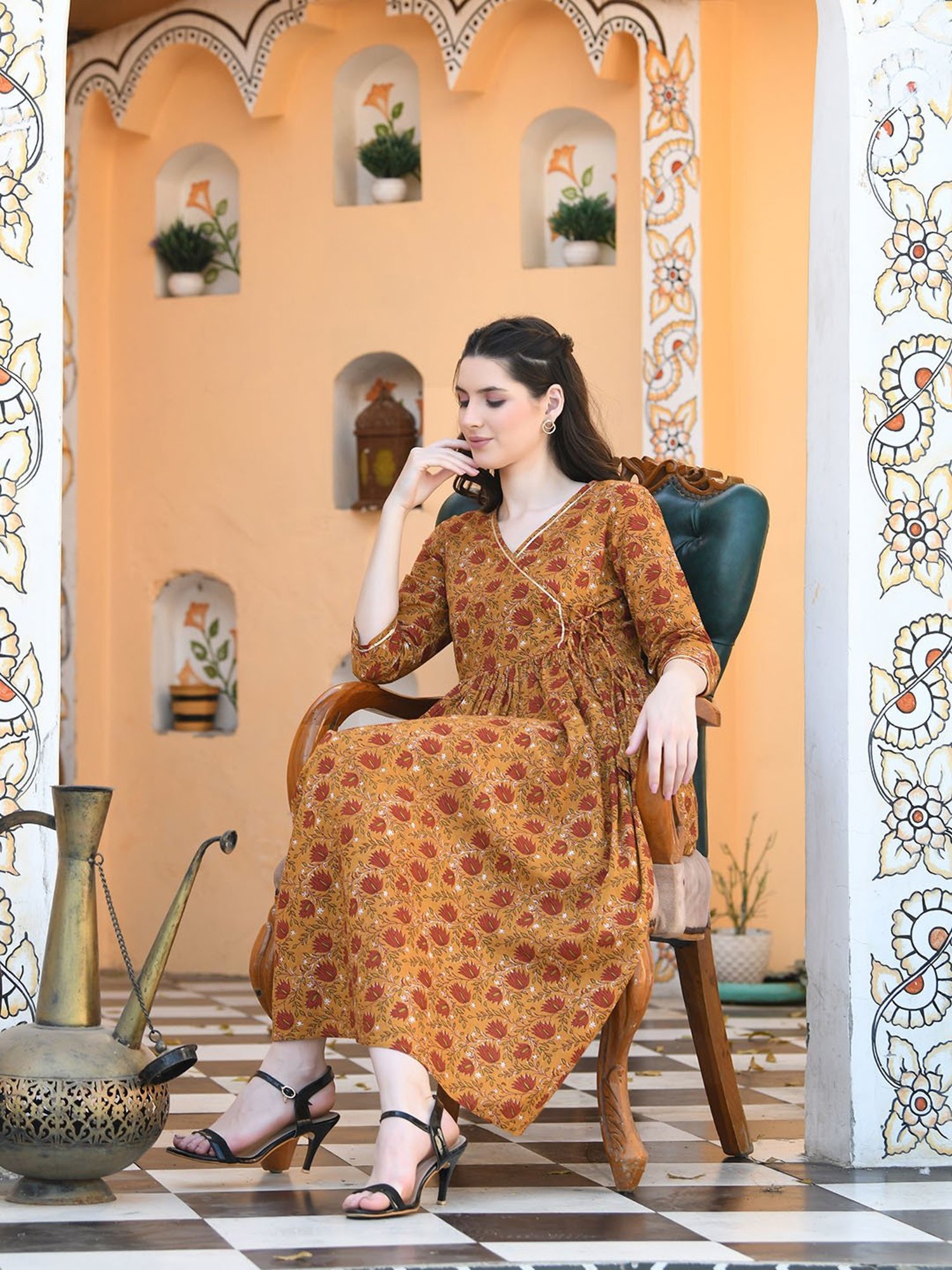 DECKEDUP Mustard Cotton Printed Midi Dress