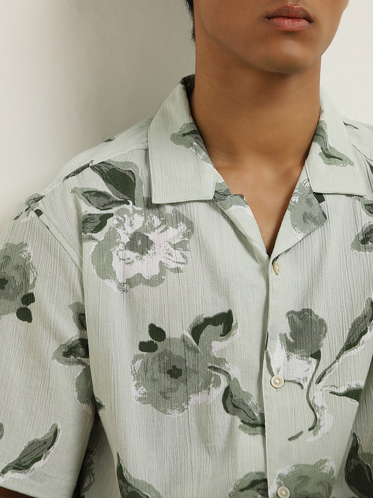 ETA by Westside Light Sage Floral Printed Relaxed-Fit Cotton Shirt