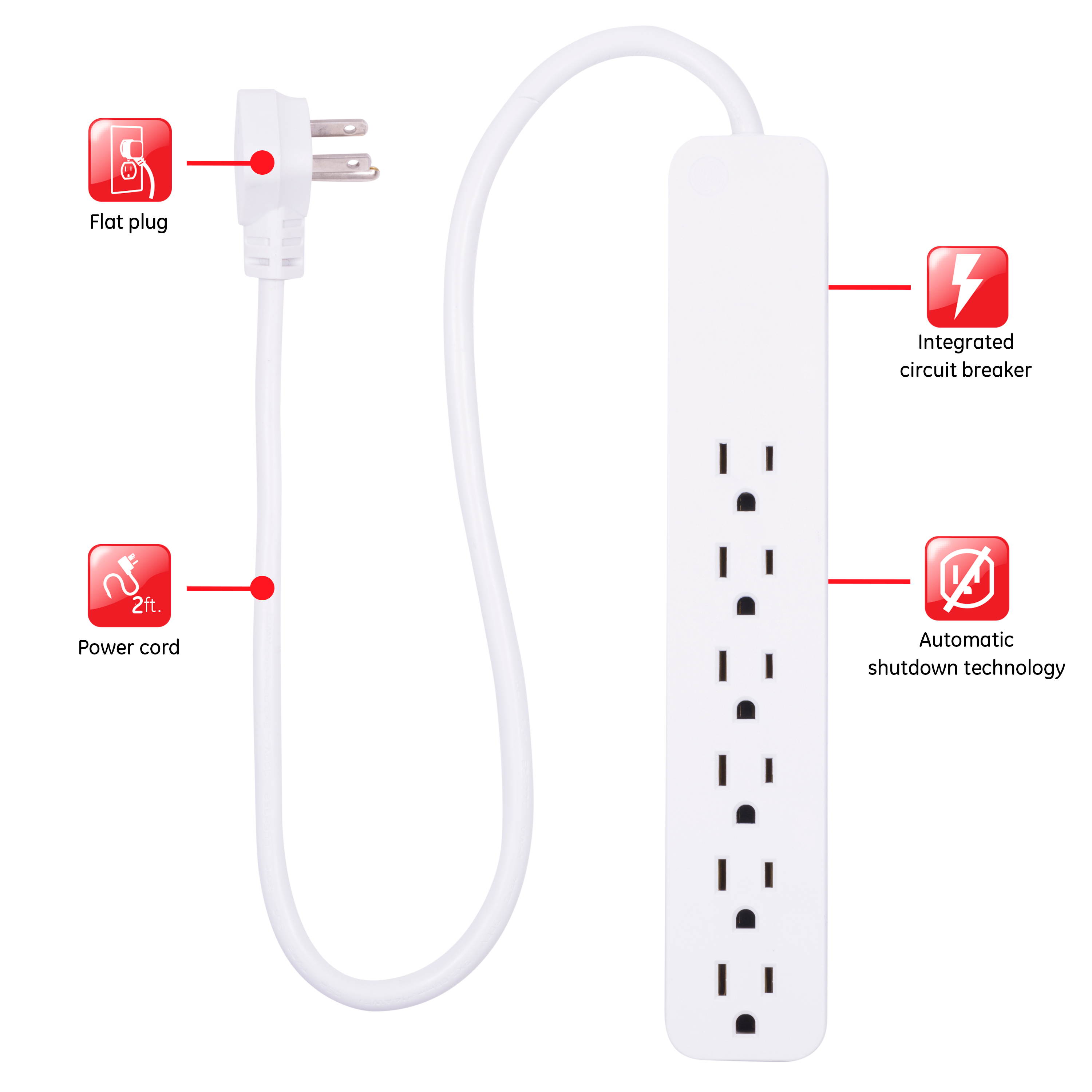 6-Outlet Power Strip Surge Protector, 2ft. Cord, White