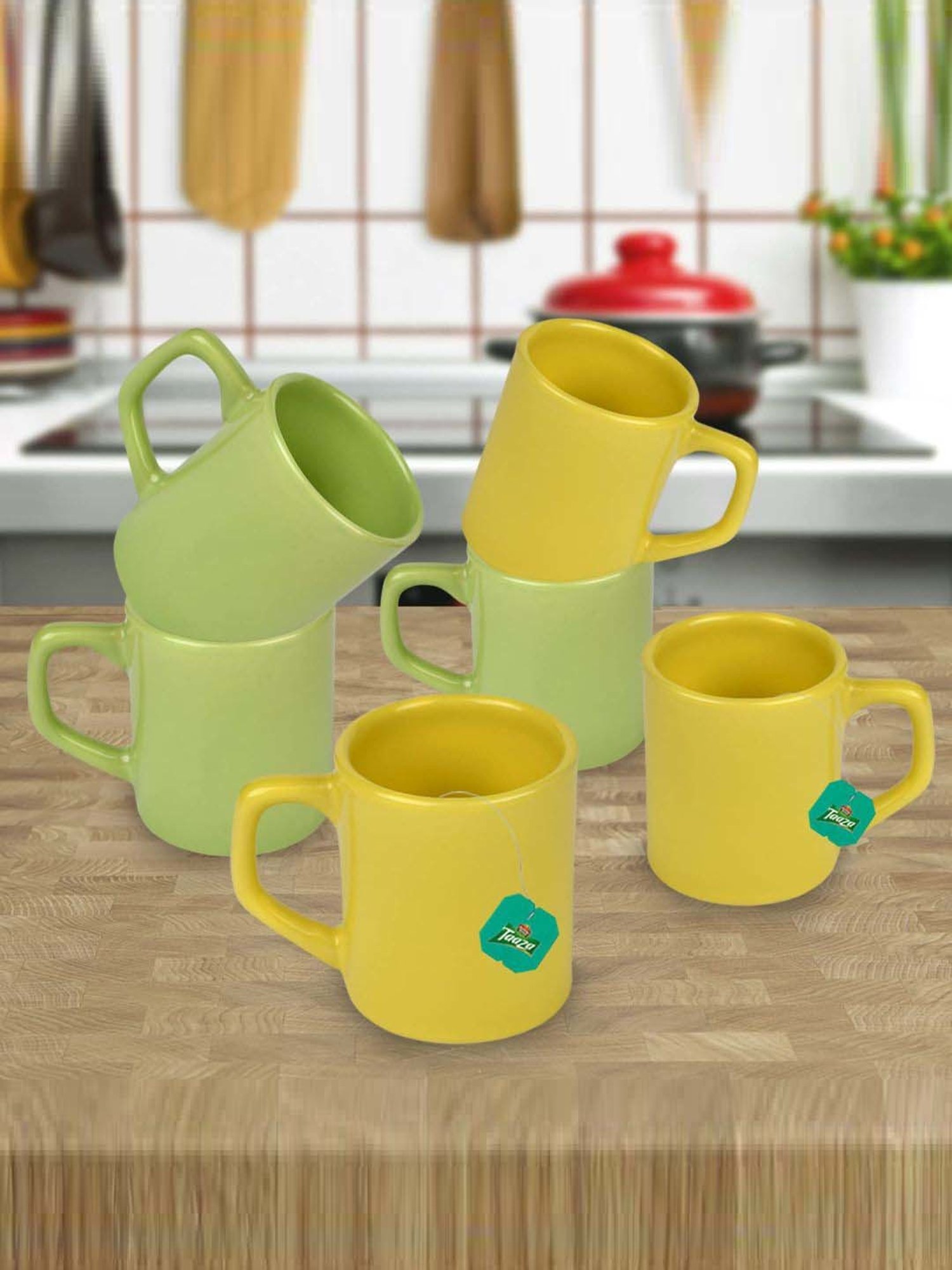 Urban Chef Parrot Green & Yellow Ceramic Droite Handcrafted Microwave Safe Cup - Set of 6