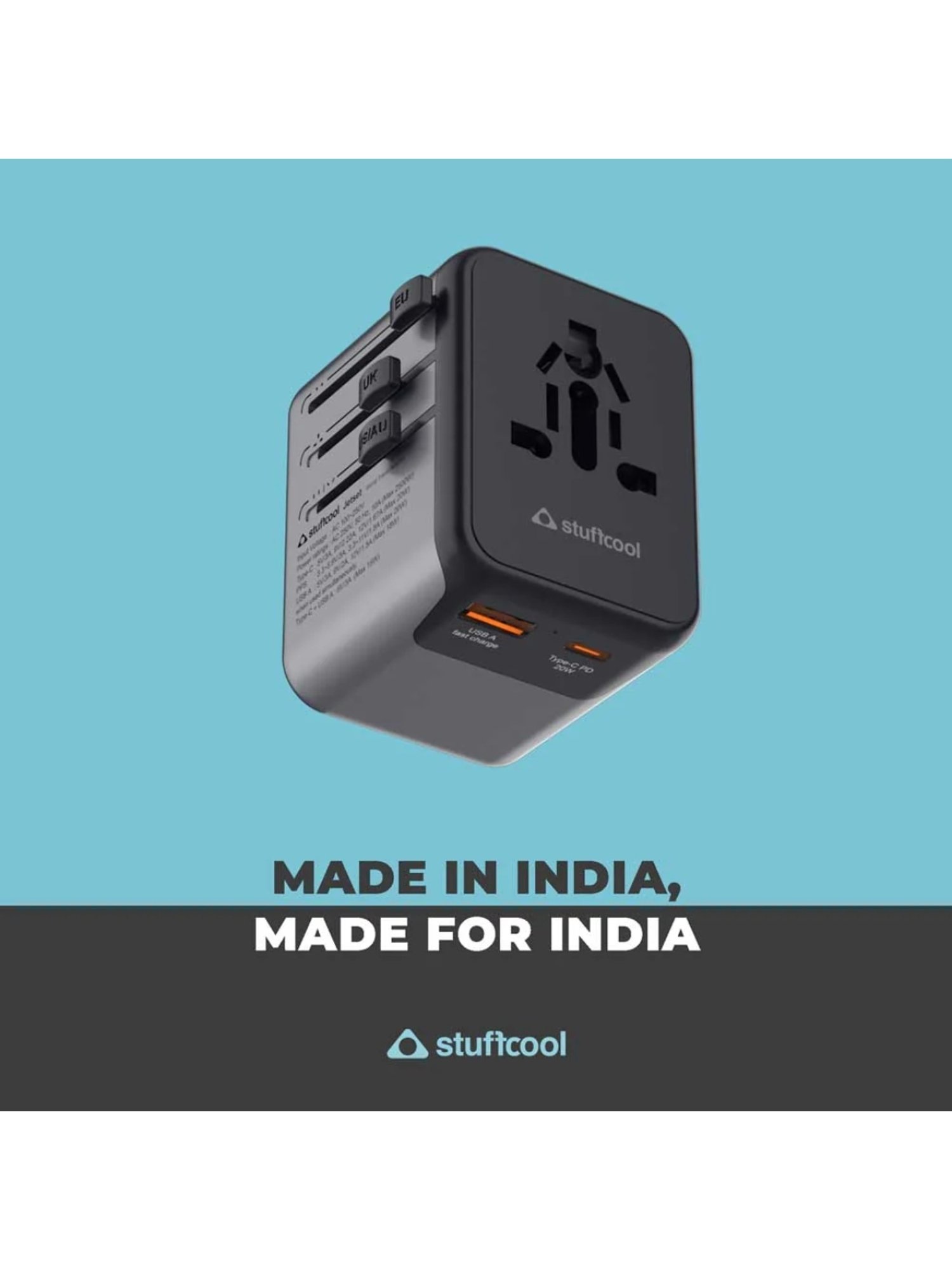 Stuffcool Jetset Universal World Travel Adapter with PD20W Type C port (Black)