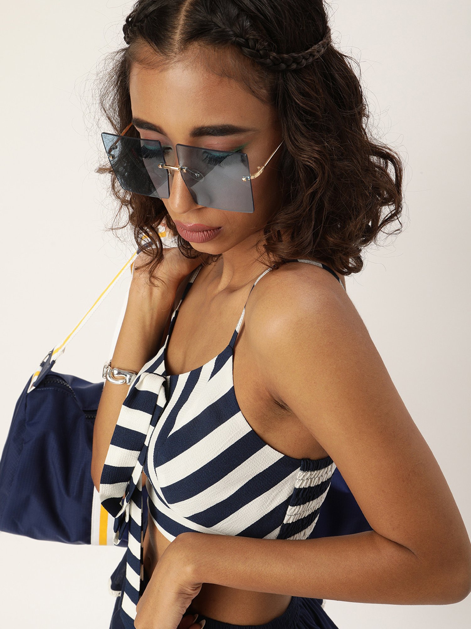QUIERO Navy Striped Crop Top With Skirt