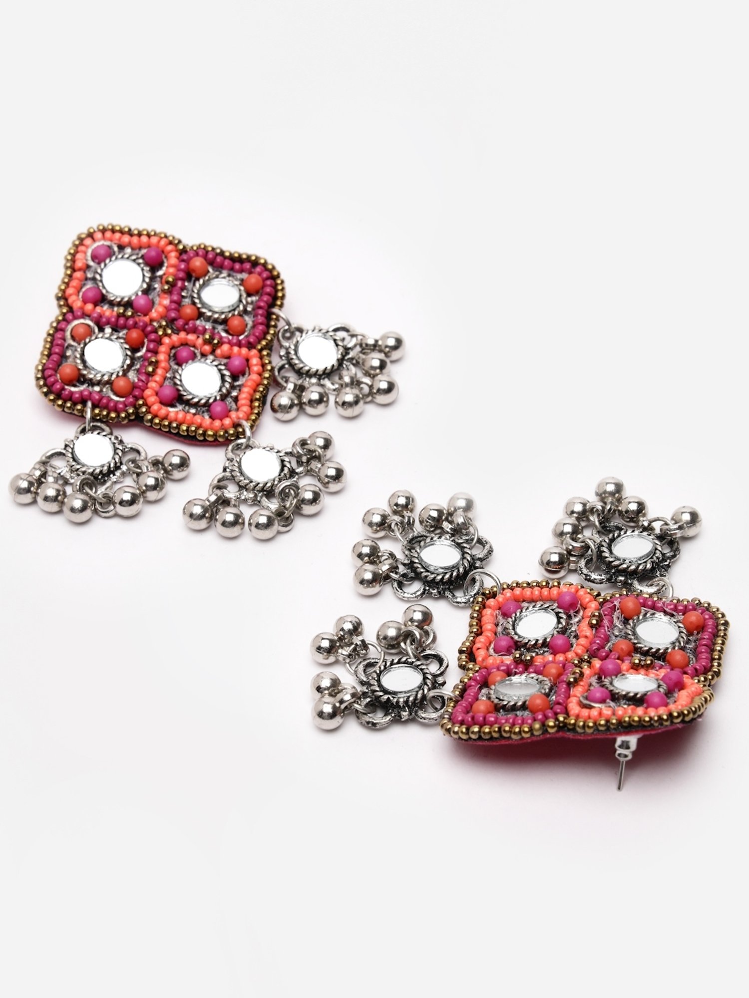 Moedbuille Pink Beads & Mirrors Studded Afghan Design Oxidized Silver-Plated Drop Earrings