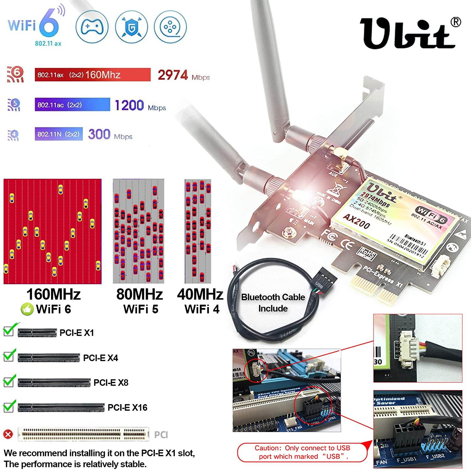 WiFi 6 Card for PC | Wireless PCIe WiFi Card | Max 3000Mbps with Bluetooth 5.1 | Intel AX200 Chip,MU-MIMO,OFDMA,Ultra-Low Latency | 802.11AX Dual-Band PCI-E Card (for Windows 10, 64-bit Only)