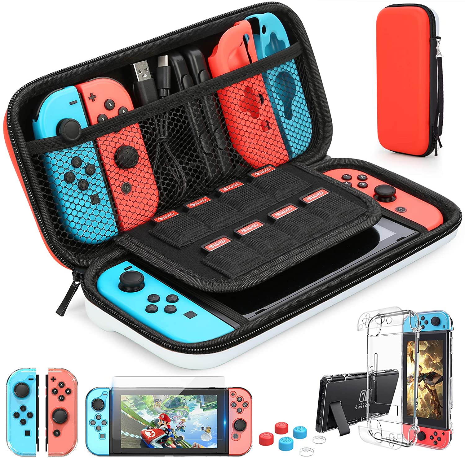 HEYSTOP Switch Carrying Case for Nintendo Switch Case with Screen Protector, 9 in 1 Nintendo Switch Accessories Kit and 6 Pcs Thumb Grip, Nintendo Switch Protective Case