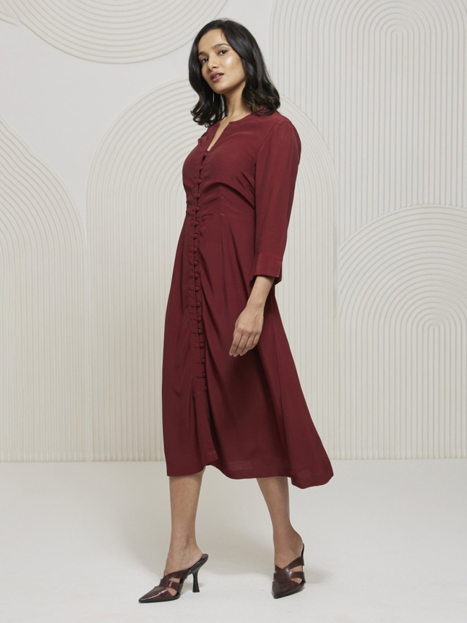 Artagai Tawny Port Elevated Basics Fit and Flare with Front Buttons Dress
