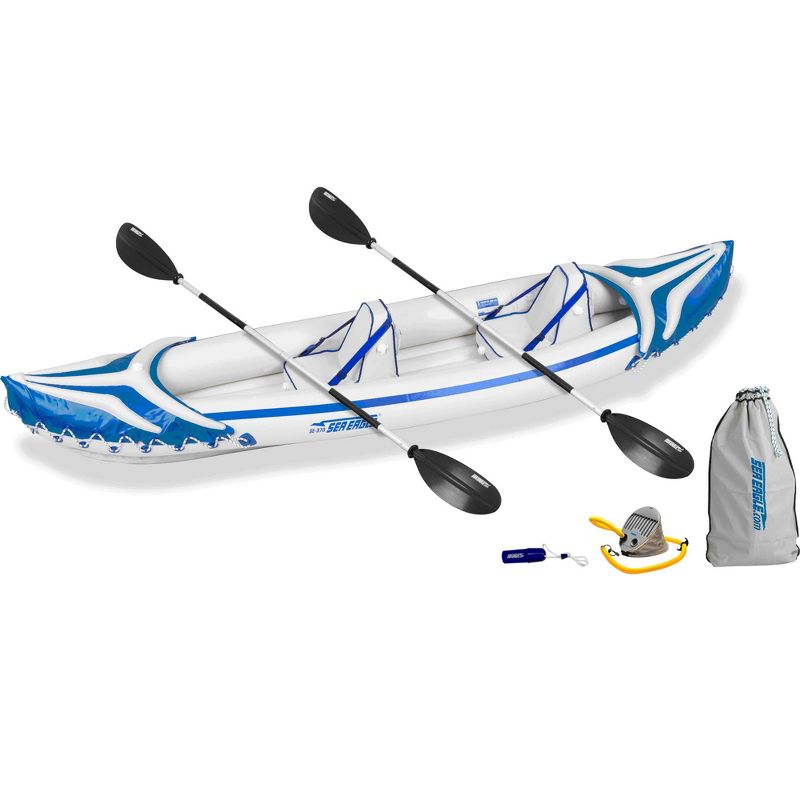 Sea Eagle SE370SK_P 3 Person Blow Up Inflatable Lightweight Rugged Portable Sport Tandem Kayak Canoe Including Back Seats and Bag, White/Blue
