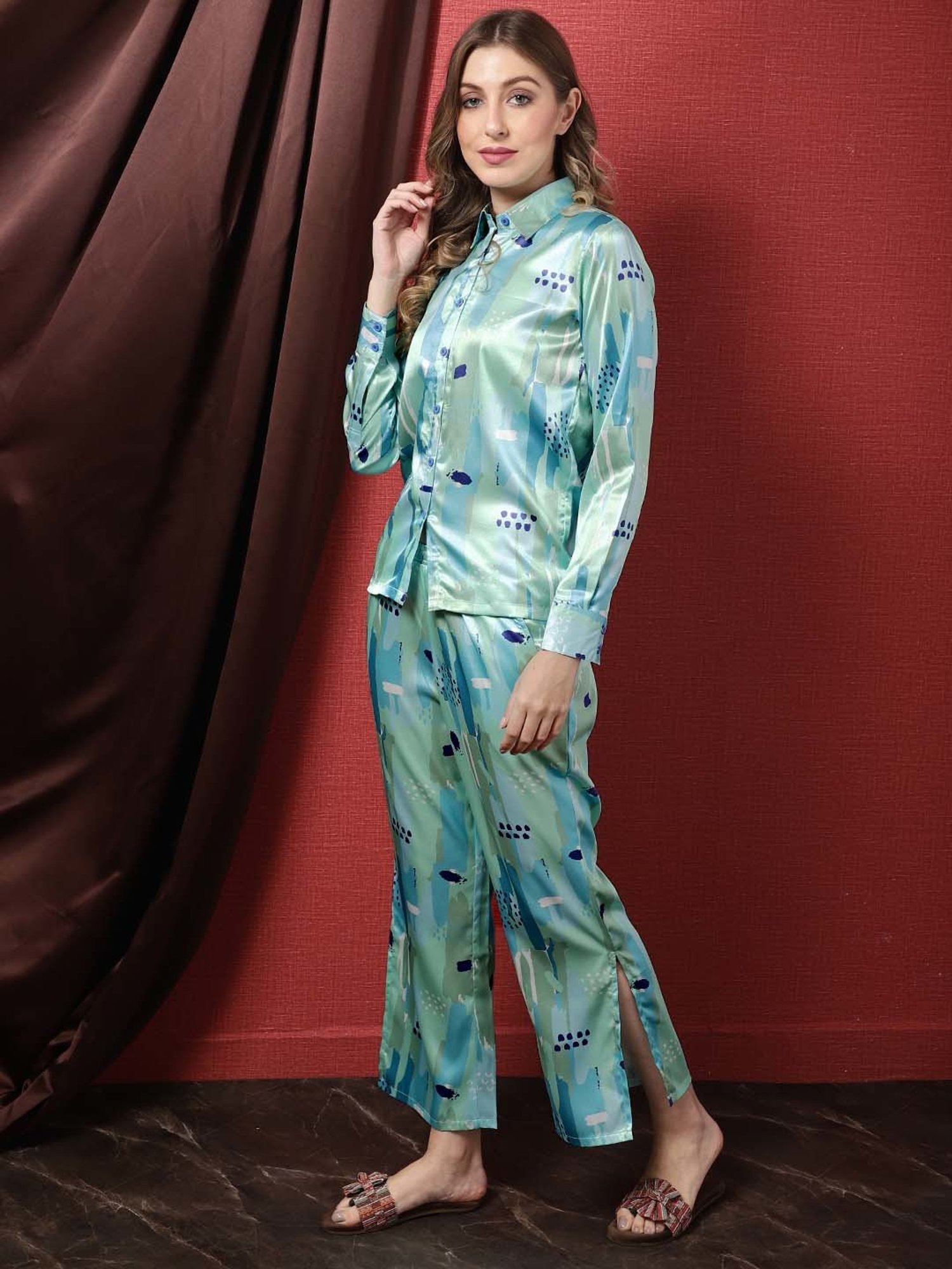 Claura Blue Printed Shirt Pant Set