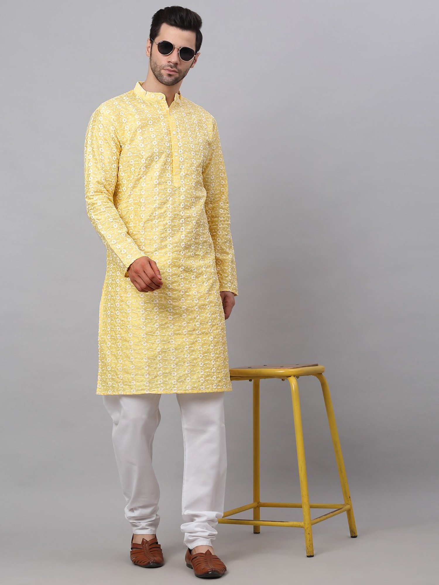 Jompers Yellow Cotton Regular Fit Embroidered Kurta Set
