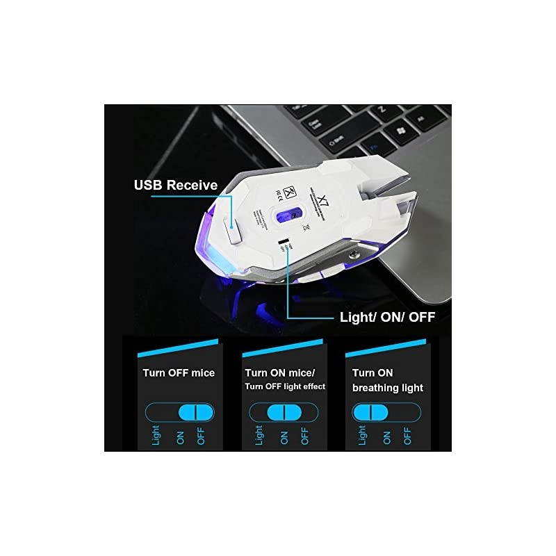 Wireless Rechargeable Gaming Mouse - USB Optical Mice with Silence Click, 3 Adjustable DPI, 6 Buttons, 7 Changing Breathing Backlight - GM07 White