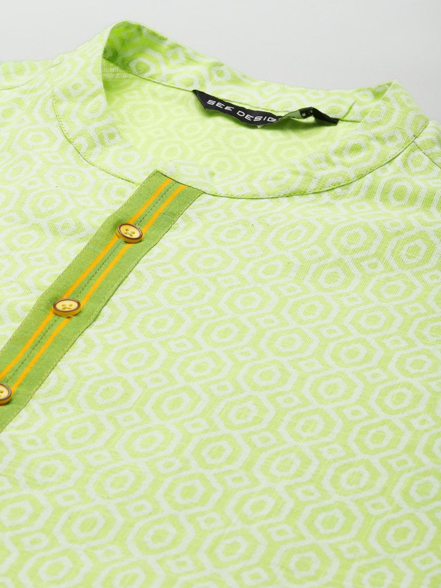 See Designs Lime Green & White Cotton Regular Fit Printed Kurta Bottom Set