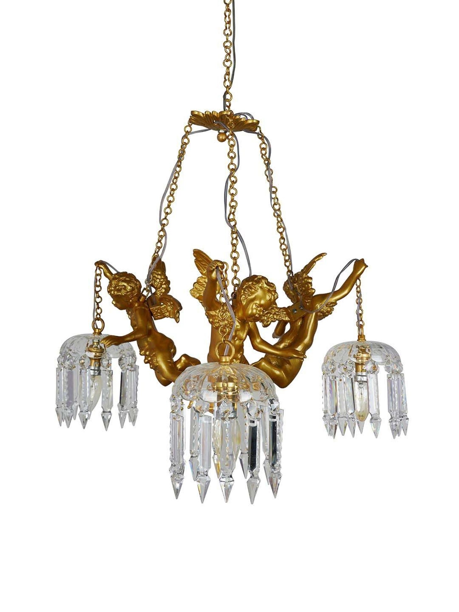 FOS LIGHTING Golden & Transparent Aluminium 3-In-1 Cherubs Chandelier With Glass Shade