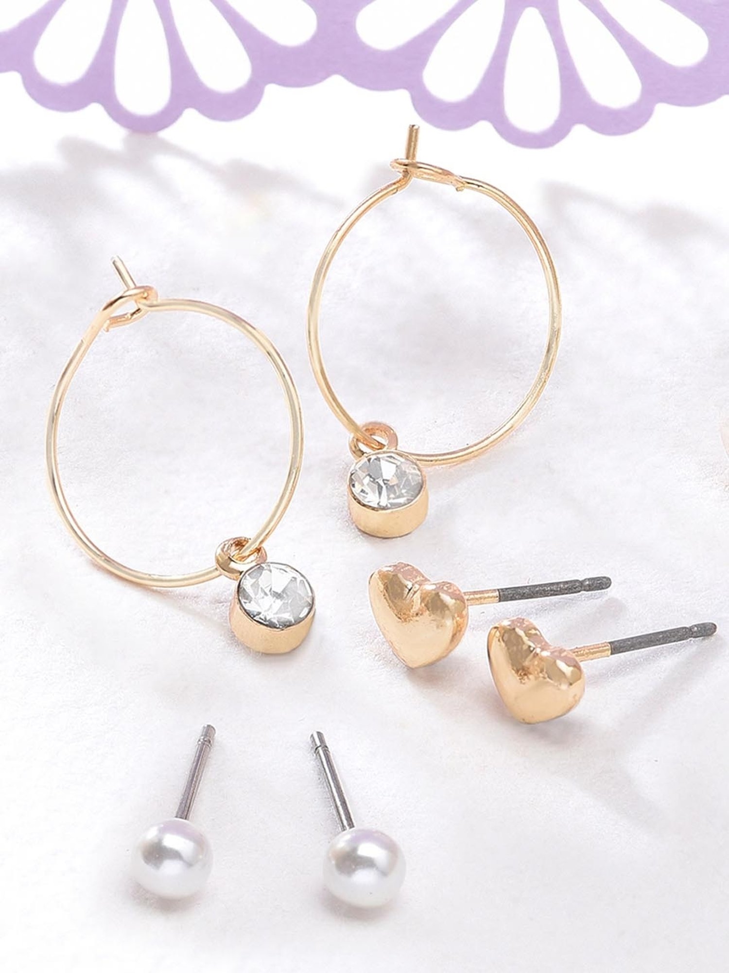 Accessorize London Heart Golden Hoop & Stud Earrings (Set of 3 )