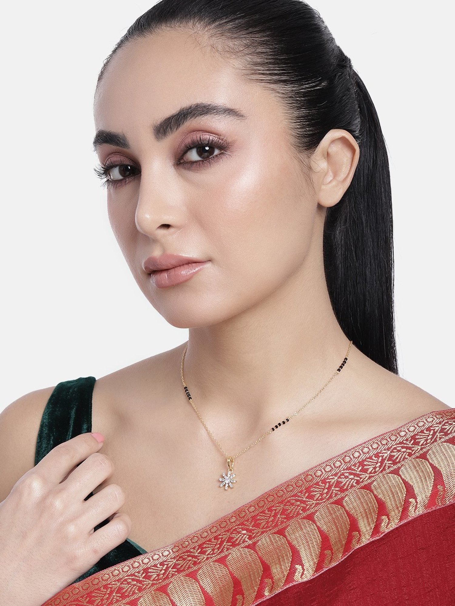 Abdesigns Gold-Plated American Diamond & Black Beaded Mangalsutra