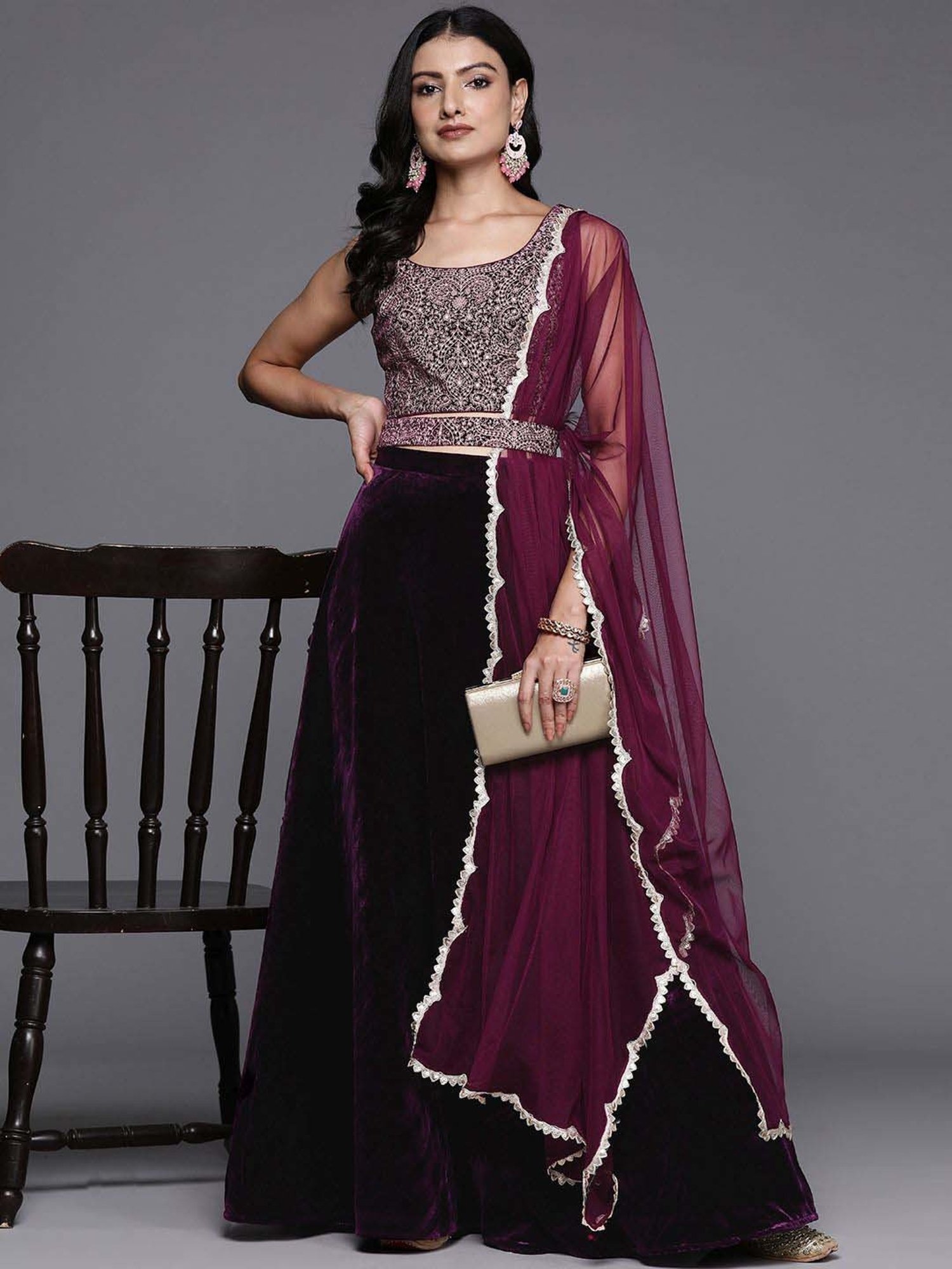 Libas Purple Plain Lehenga Choli Set With Dupatta