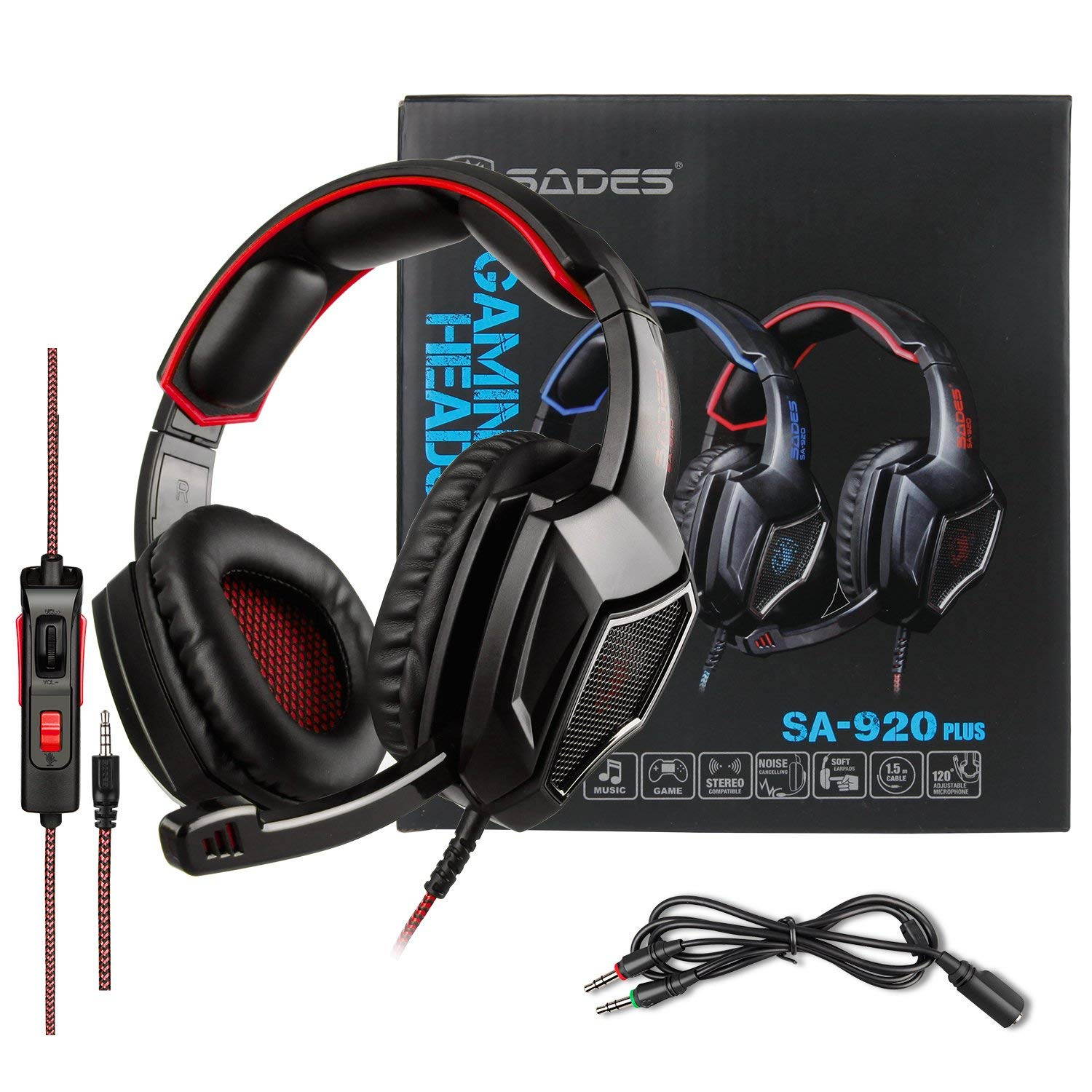 Stereo Gaming Headset PS4 Xbox One S, SADES SA920PLUS Noise Cancelling Over Ear Headphones with Mic, Bass, Soft Memory Earmuffs for PC Laptop Mac Nintendo Switch Games Mobile