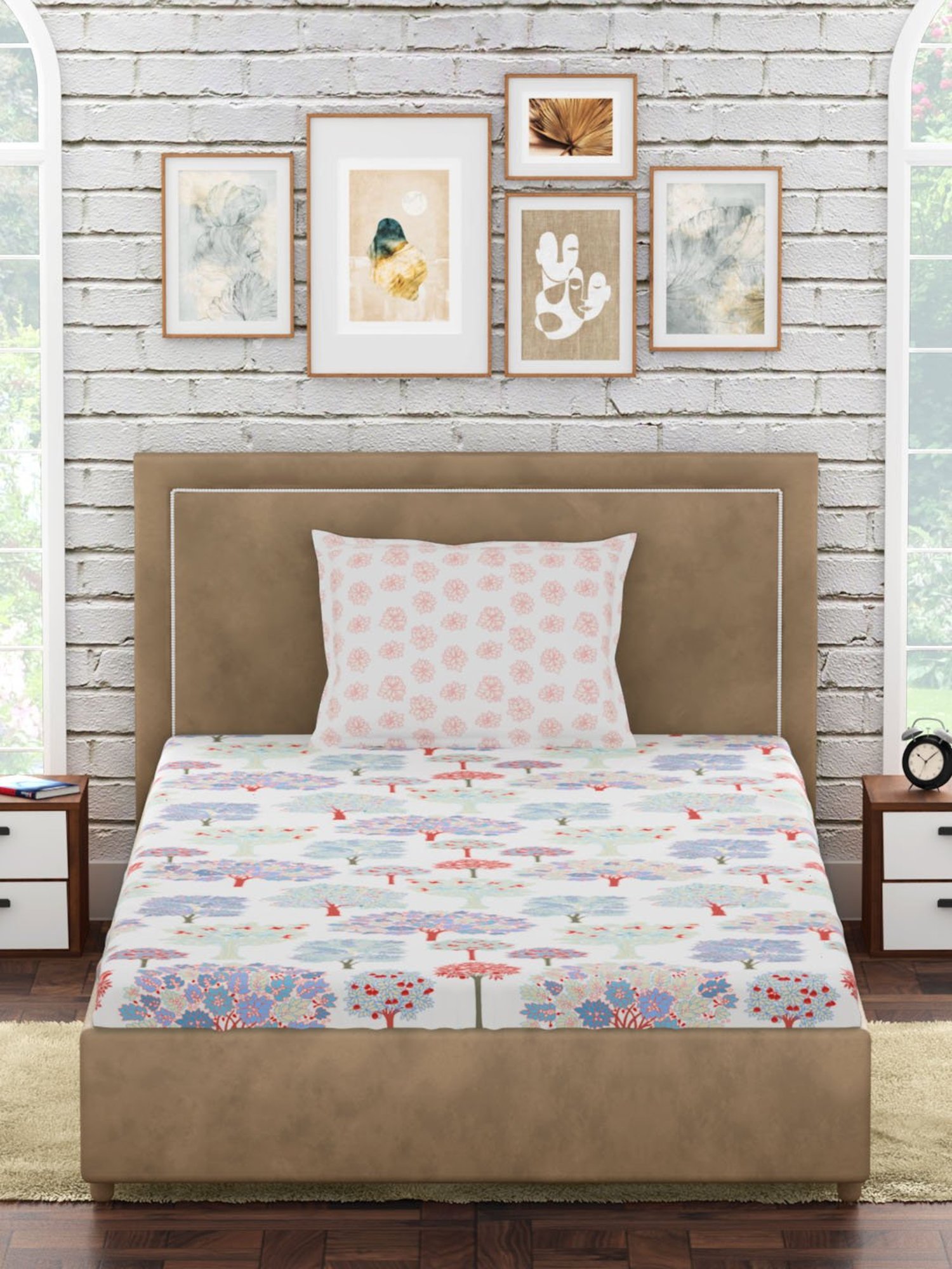 Petal Home Acadia Floral White 300 TC Cotton Single Bed Sheet with 1 Pillow Cover