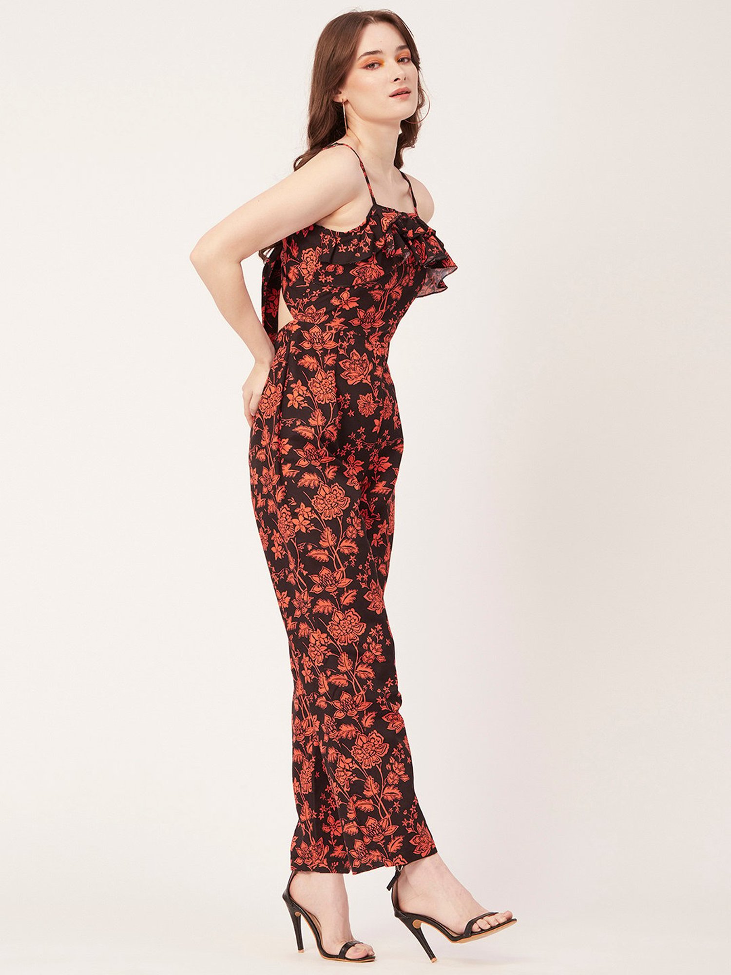 Moomaya Black & Orange Floral Print Jumpsuit