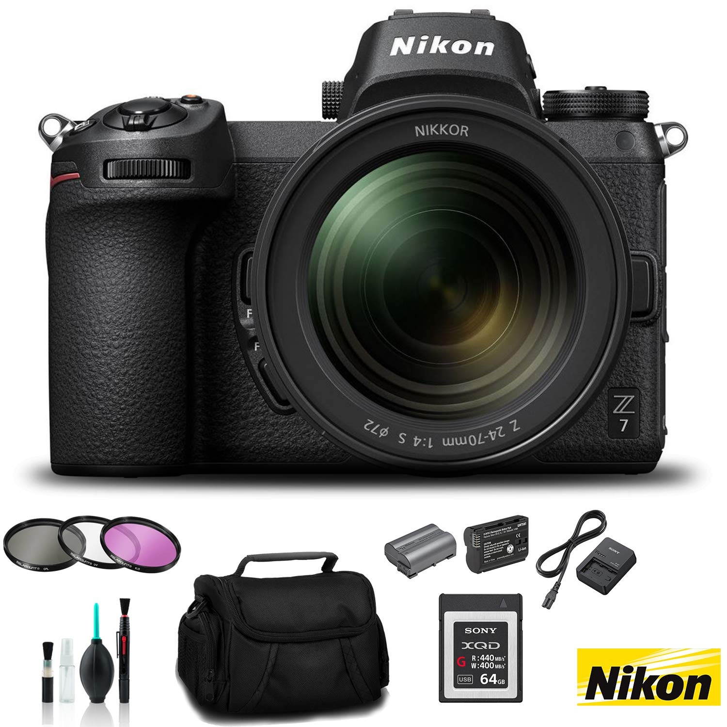 Nikon Z 7 Mirrorless FX-Format Digital Camera with 24-70mm Lens - Bundle 64GB Memory Card  + EN-EL15 Li-on Battery + External Rapid Charger + 72mm 3 Pc Filter Kit and MORE - Intl Model