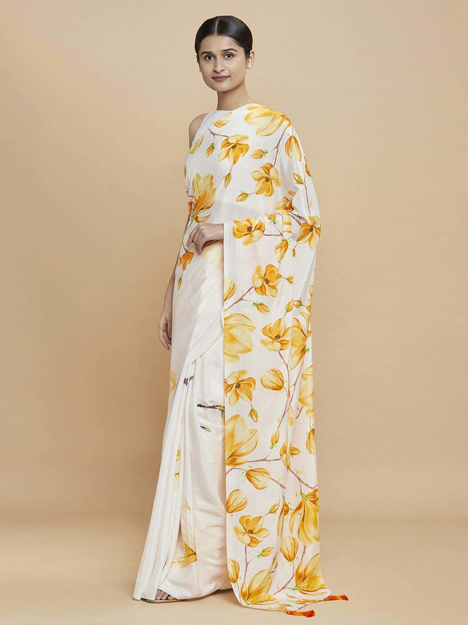 navyasa by liva White & Yellow Floral Print Saree With Unstitched Blouse
