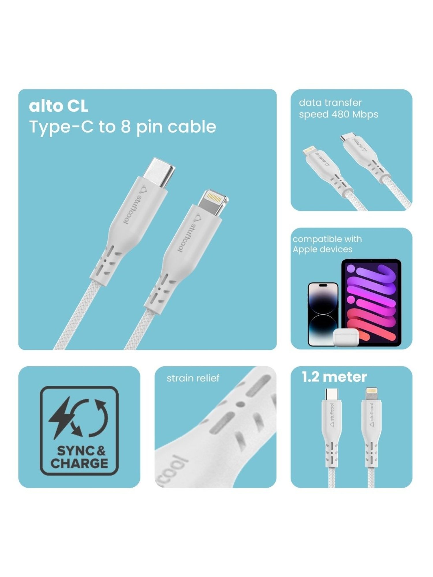 Stuffcool Alto USB C to Lightning Cable 20W (White)