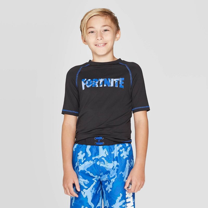 Boys' Fortnite Camo Print Rash Guard Swim Shirt - Black XXL