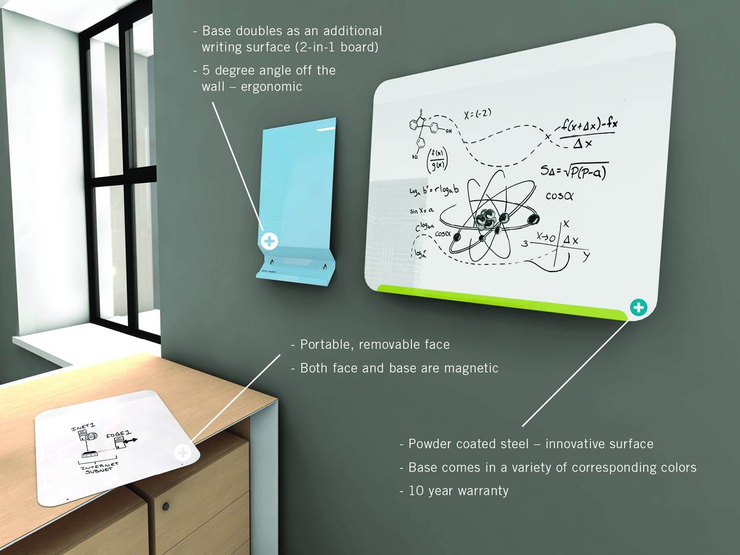 Ghent Link Board Magnetic Whiteboard 24"H x 30"W Lime Green Base/Gray Face