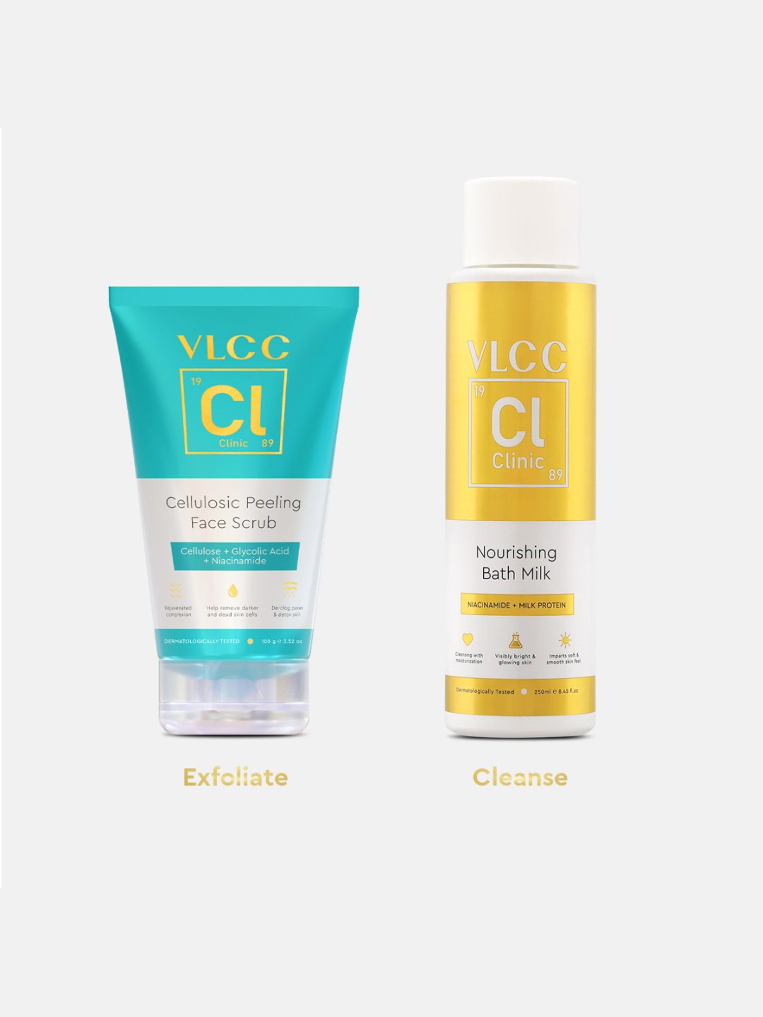 VLCC Clinic Cellulosic Peeling Face Scrub & Nourishing Bath Milk Combo