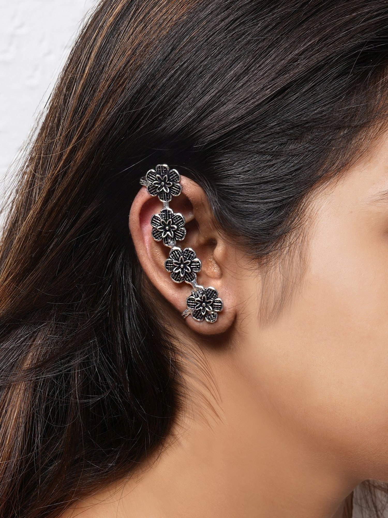 Teejh Ethnic Dipanshu Silver Oxidized Floral Ear Cuff Earrings