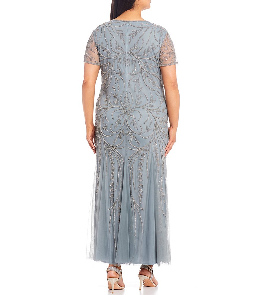 Pisarro Nights Plus Size Beaded V-Neck Short Sleeve Gown