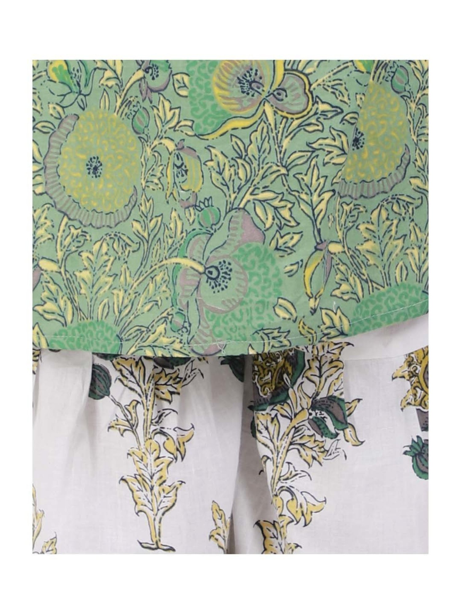 Ahhaaaa Kids Green & White Cotton Floral Print Kurta Set