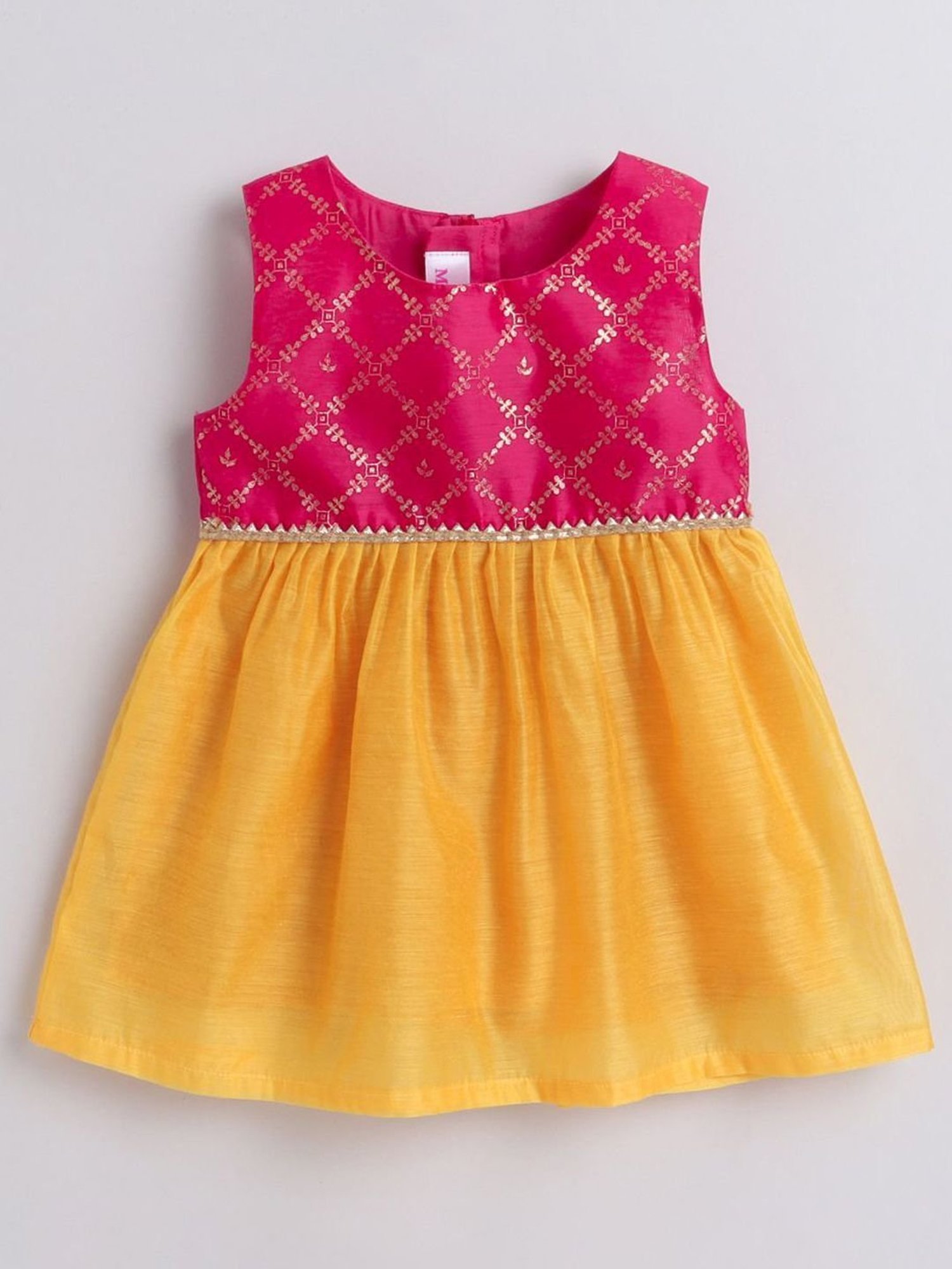 Many Frocks Kids Pink & Yellow Embroidered Dress