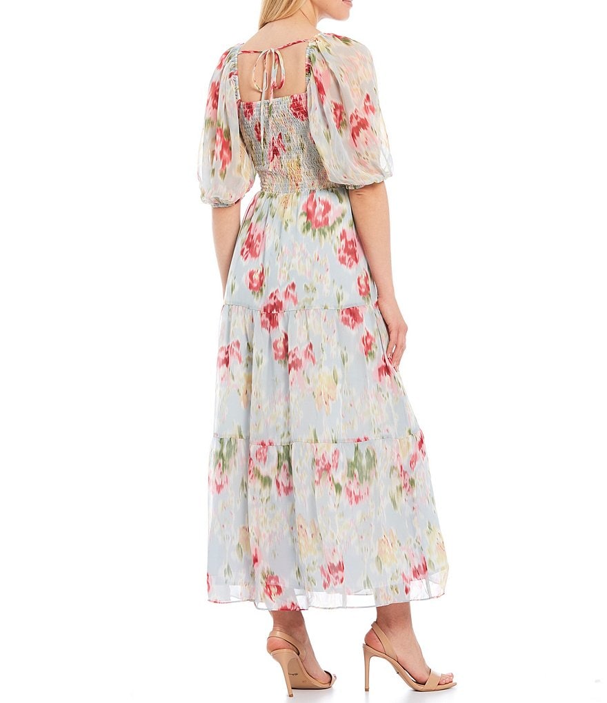 Lucy Paris Floral Surplice Neck Puff Sleeve A-Line Maxi Dress