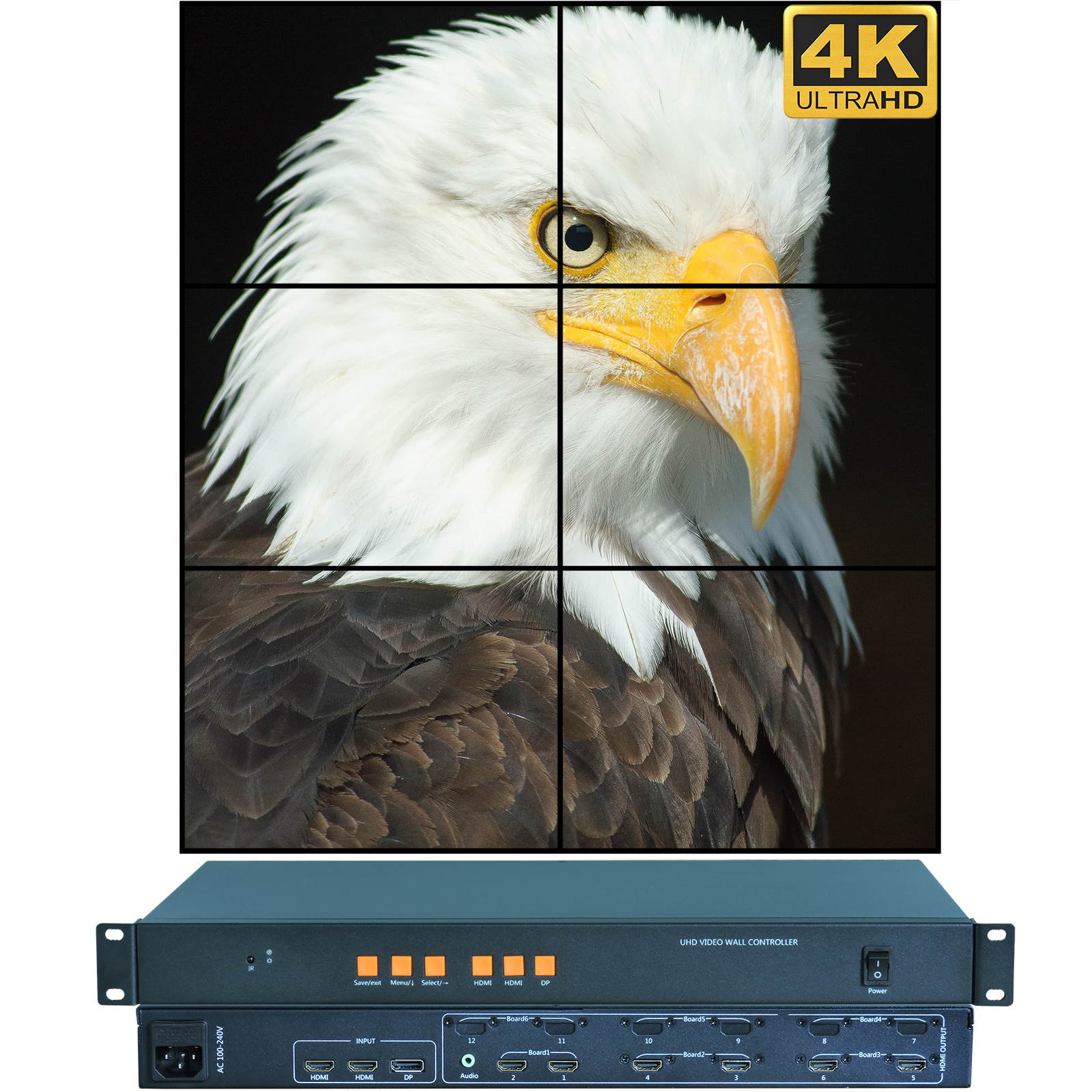 Video Wall Controller 4K 3840x2160@60Hz HDMI 2.0, HDMI 1.4 DP1.2 Inputs with 6 HDMI Outputs for TV Splicing, Support 3x2, 3x1, 1x5,1x6 Display and 180 Degree Rotate