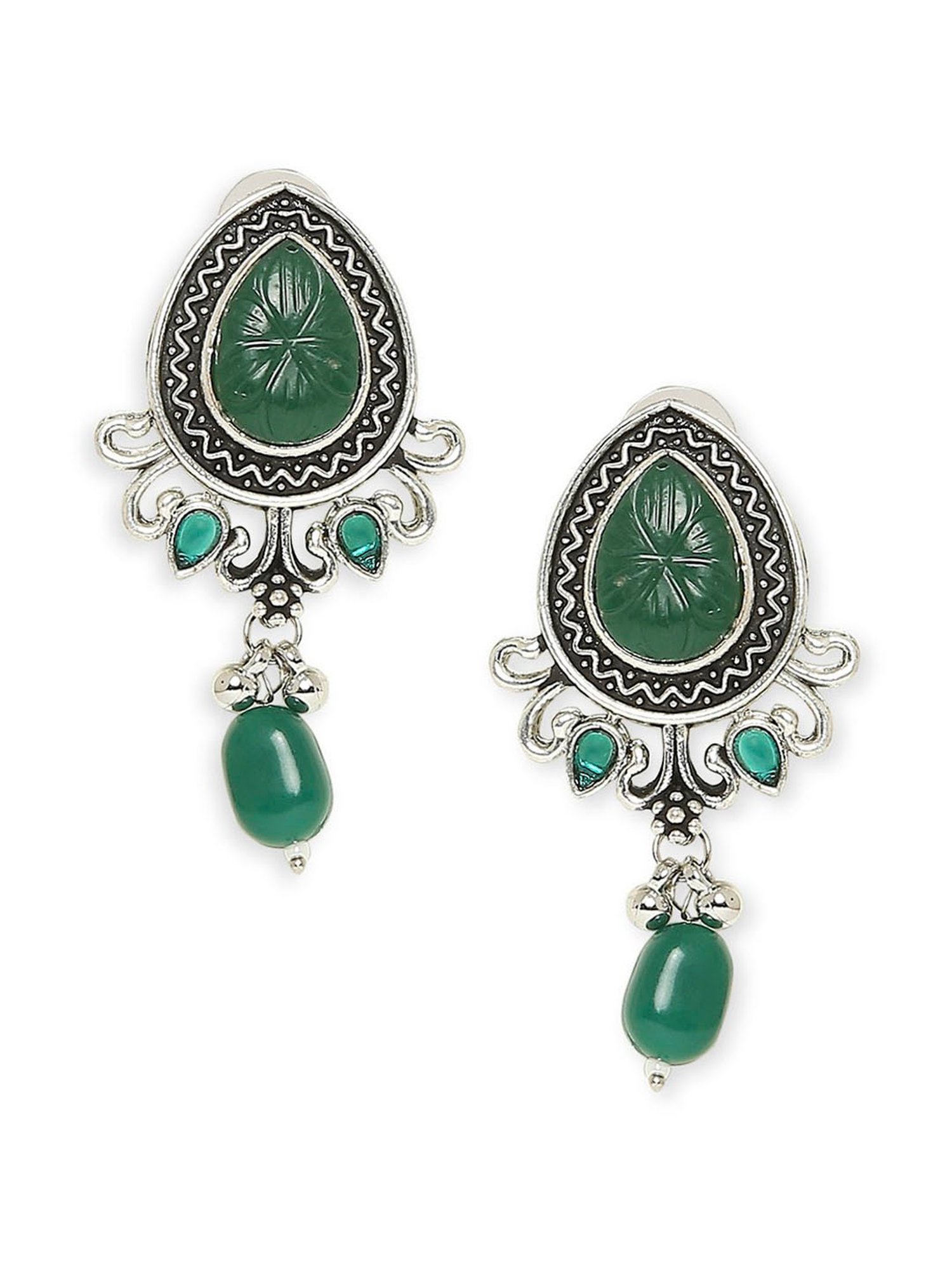 OOMPH Oxidized Silver Tone Maroon Pink Jaipur Stone Choker Necklace Set with Drop Earrings