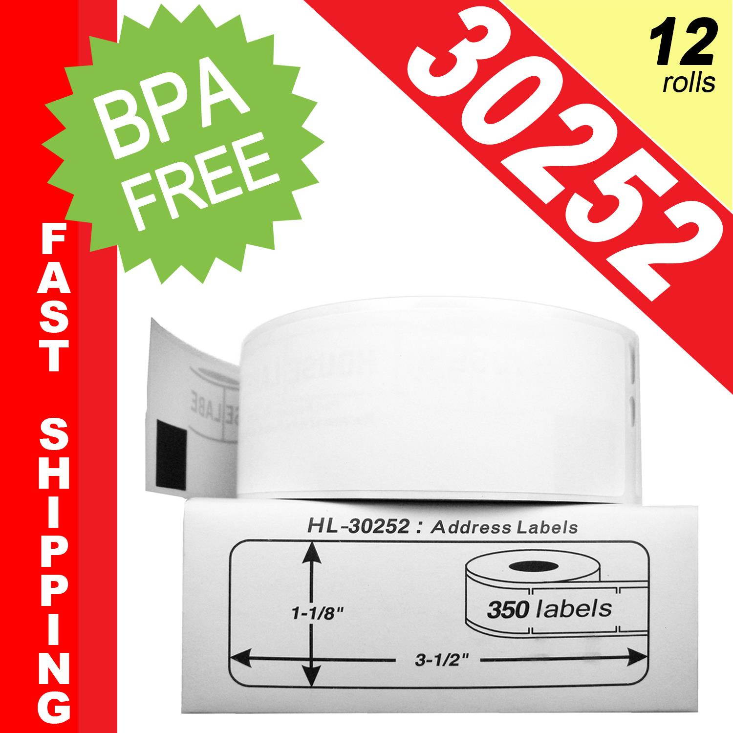 DYMO-Compatible 30252 Address Labels (1-1/8" x 3-1/2") -- BPA Free! (12 Rolls; 350 Labels per Roll)