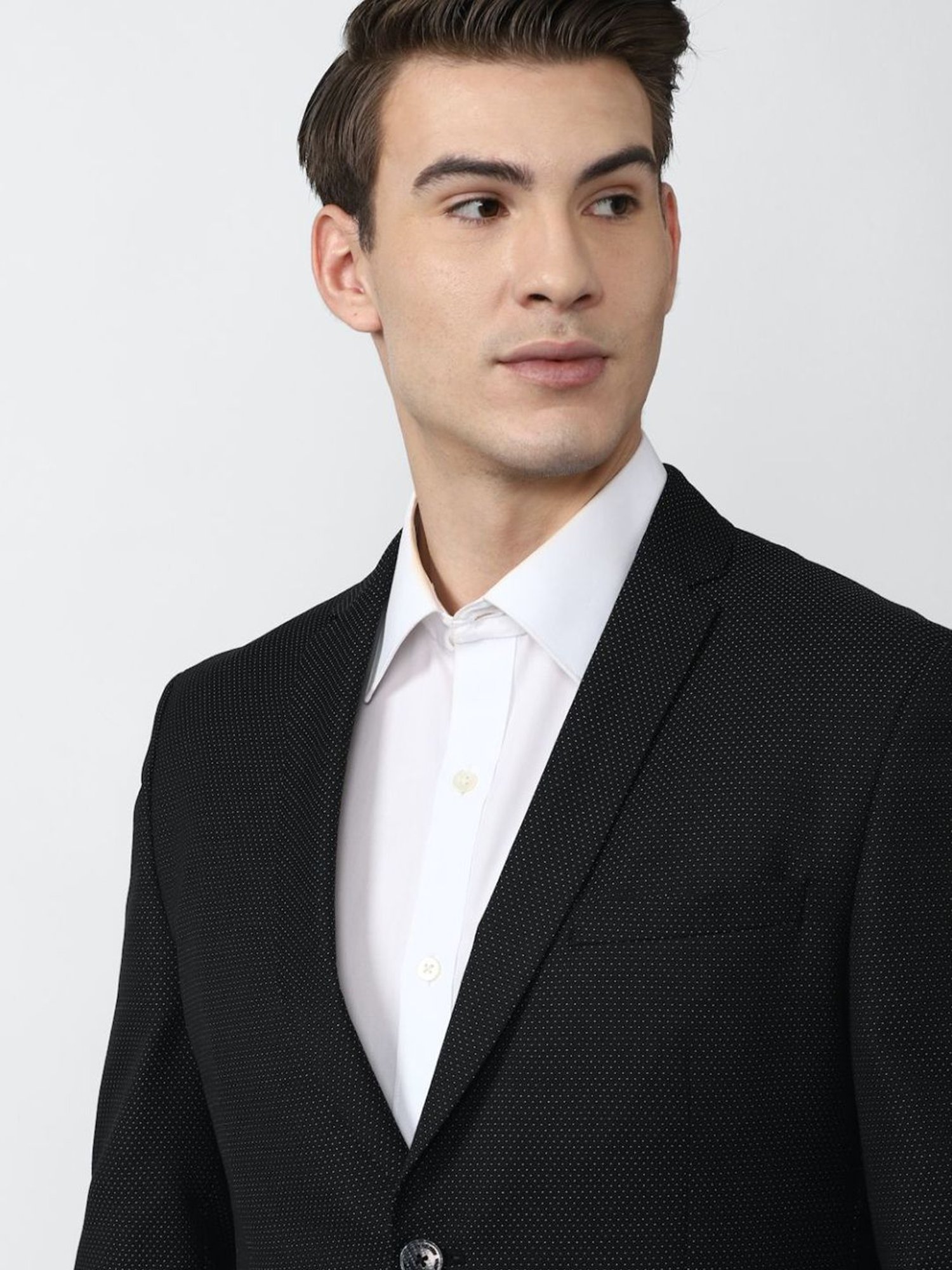 V Dot Black Slim Fit Self Pattern Blazer