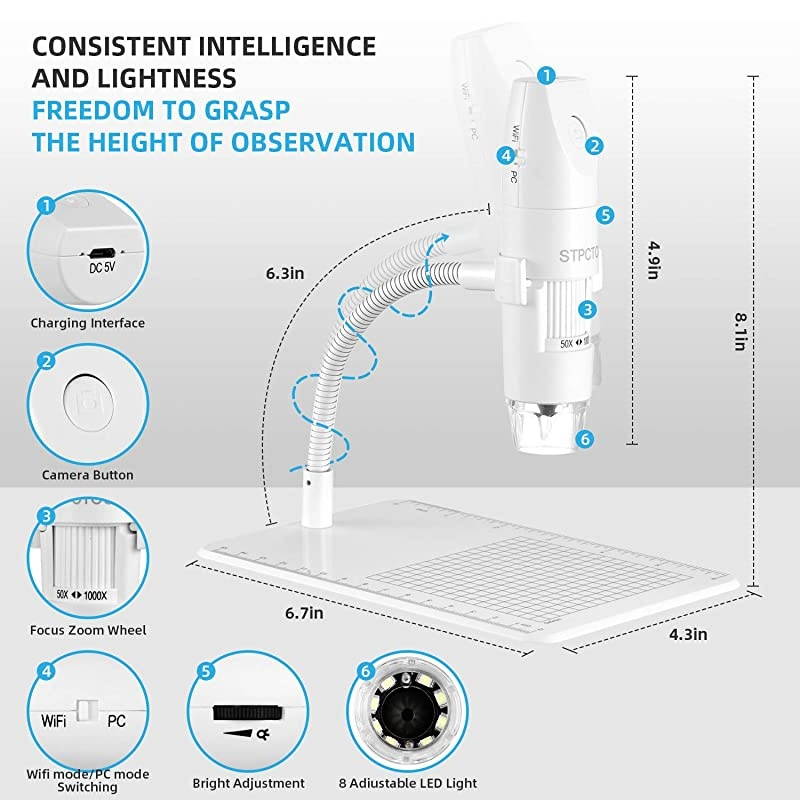 Wireless Digital Microscope USB 50X-1000X 1080P Handheld Portable Mini WiFi Microscope Camera with 8 LED Lights for iPhone/iPad/Mac/Android Phone/Tablet/PC-White