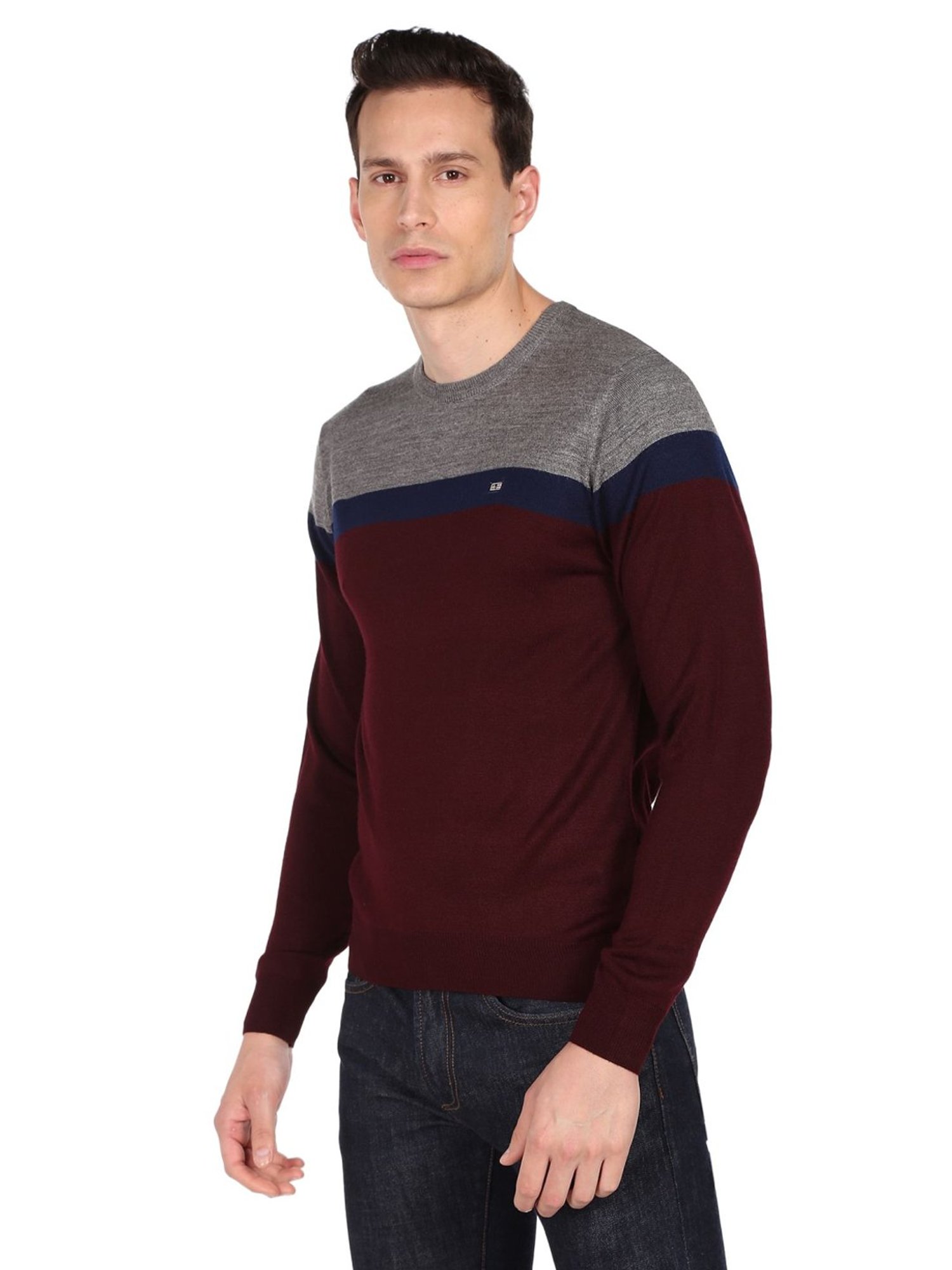 Arrow Sport Burgundy Cotton Regular Fit Colour Block Sweater