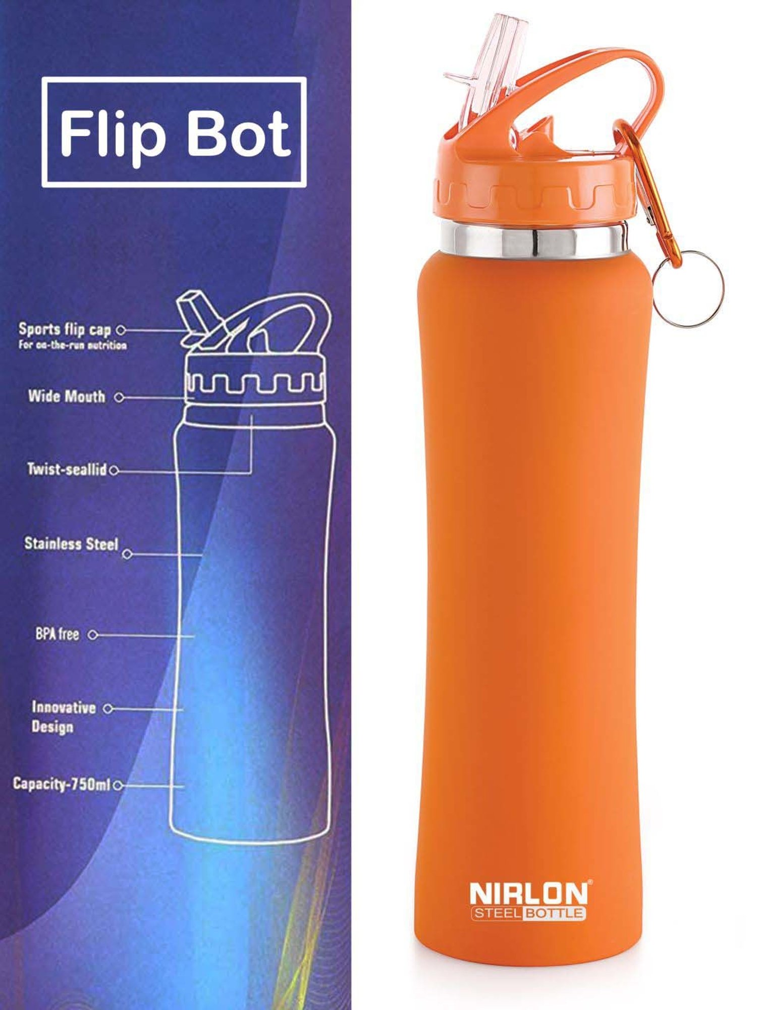 Nirlon Flip Bot Blue & Orange Stainless Steel Water Bottle (0.75 L) - Set of 2