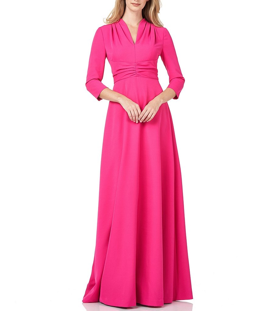 Kay Unger V-Neck 3/4 Sleeve Stretch Crepe Gown