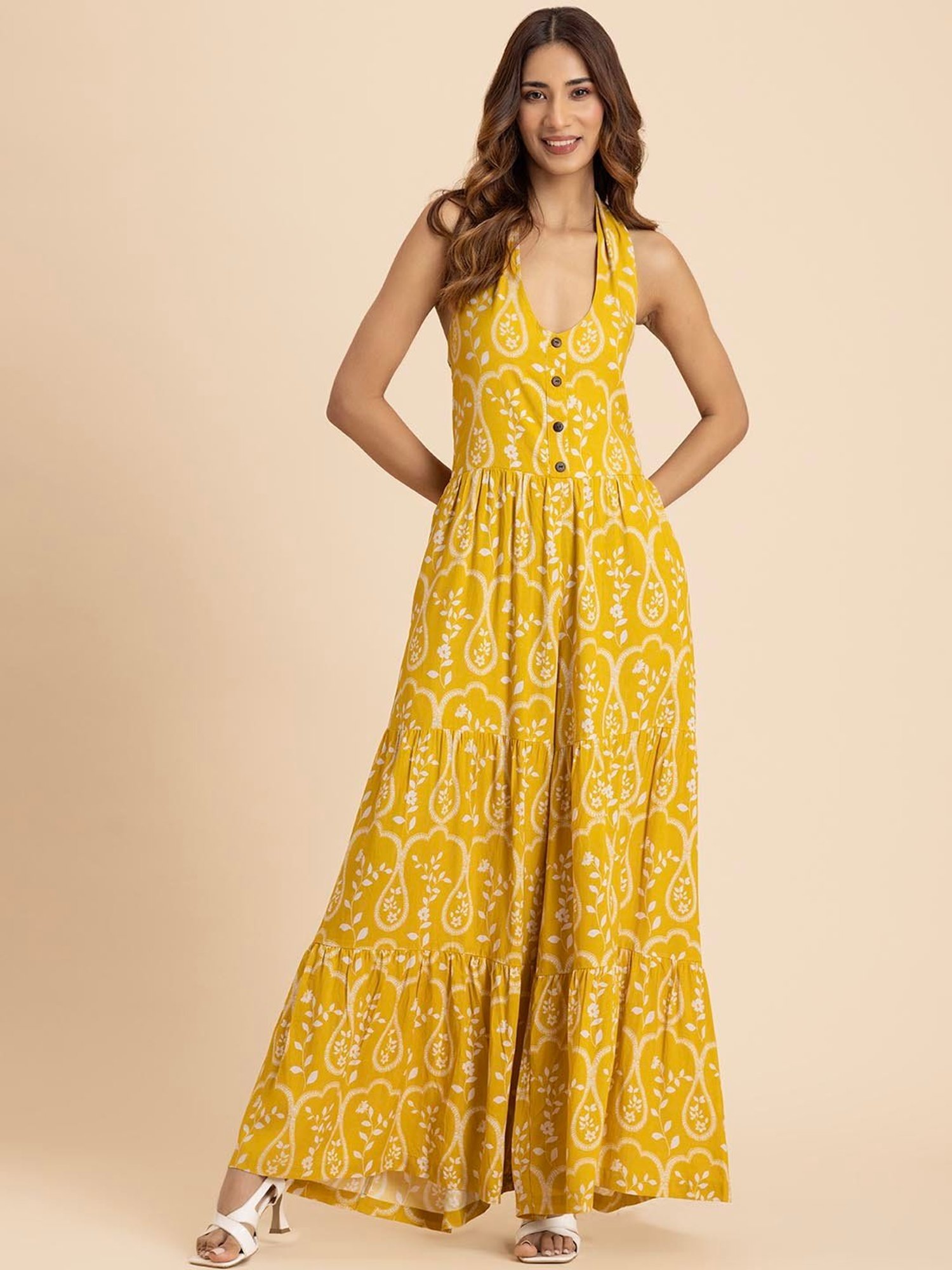 Moomaya Yellow Printed Jumpsuit