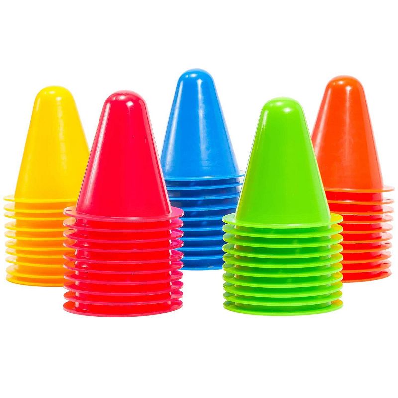 Juvale 50 Pack 3 Inch Indoor Outdoor Mini Agility Field Soccer Sports Training Cones for Kids, 5 Colors