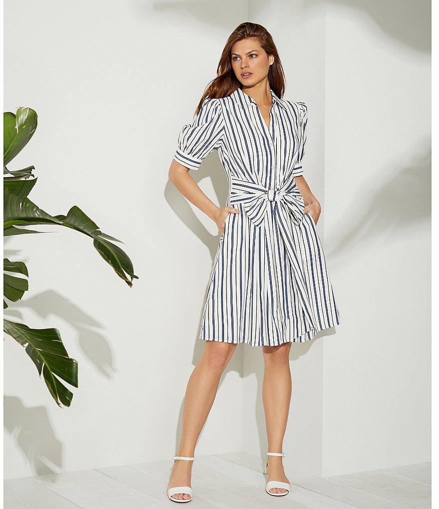 Alex Marie Petite Size Whitney Linen Pearl Button Front Sash Waist Puff Sleeve Dress