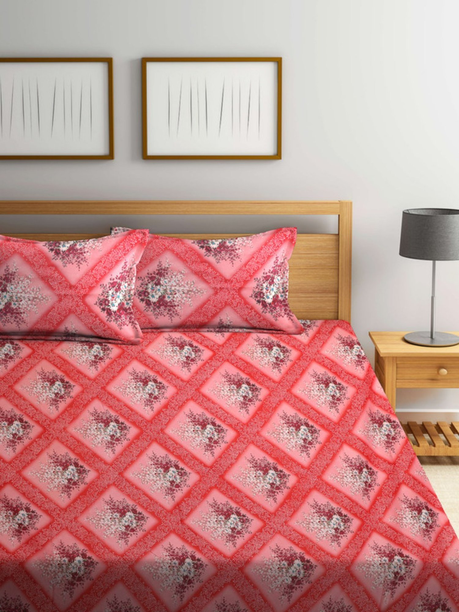 Dhrohar Printed Peach Cotton 180 TC Double Bedsheet with 2 Pillow covers